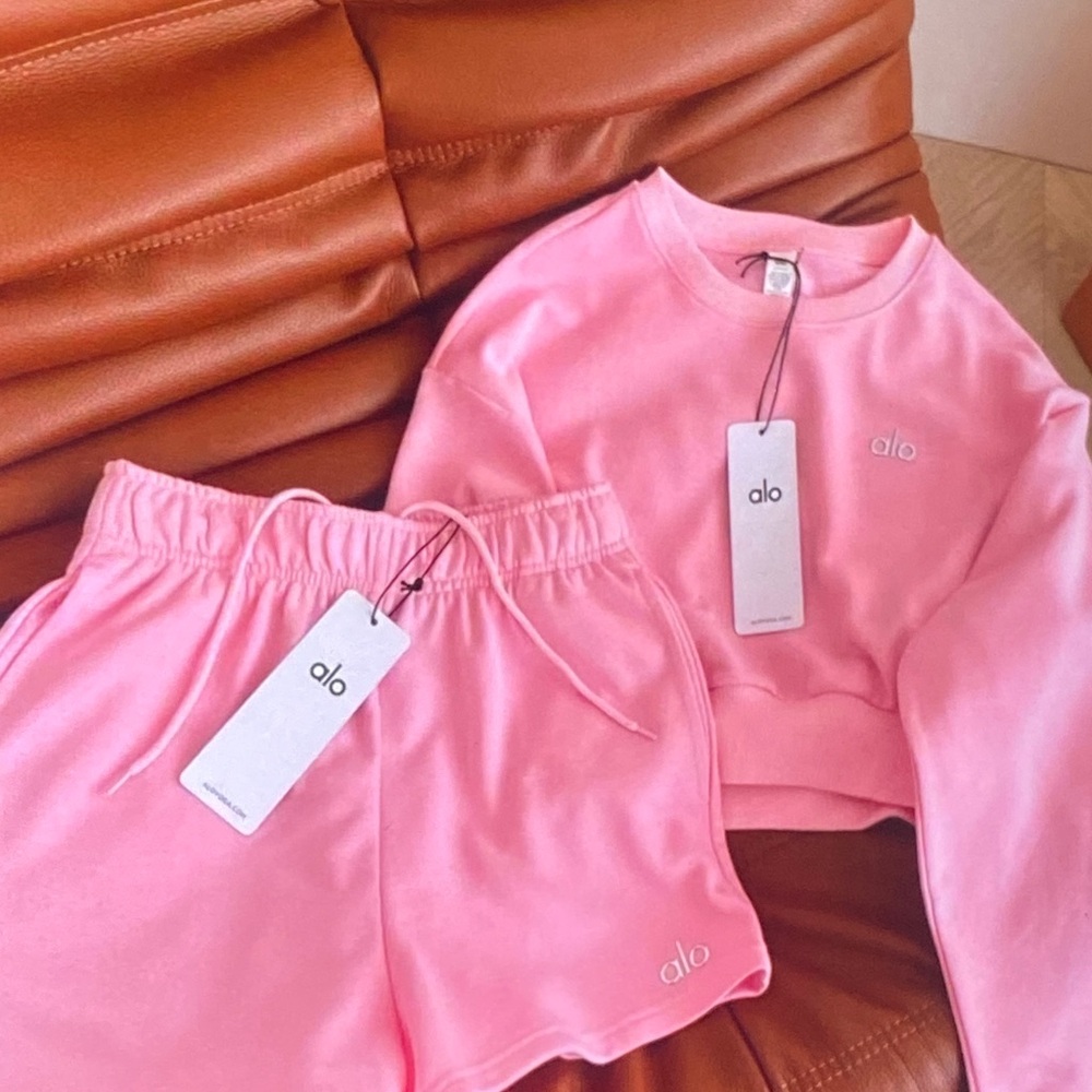 ALO Yoga Pink Cropped Sweatshirt and Shorts Set